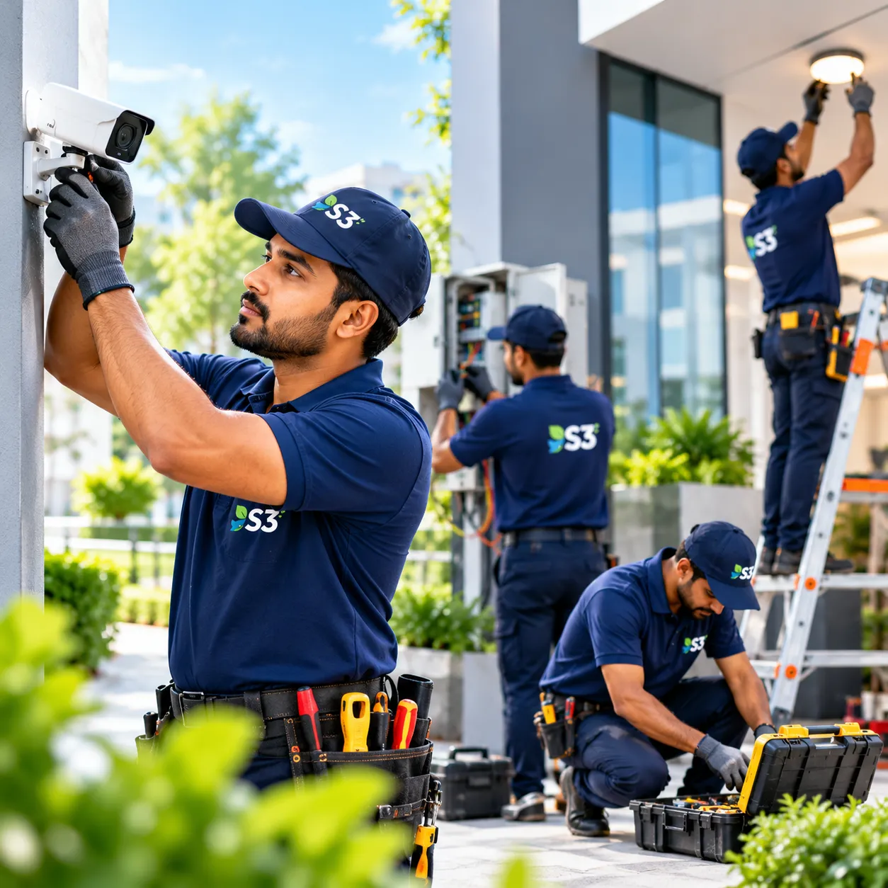 Technicians working on a security system installation